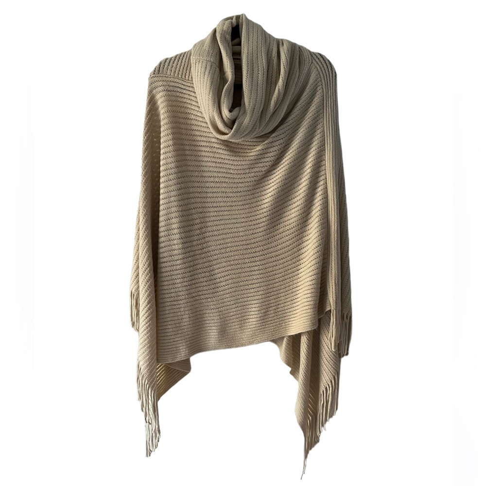 BCBG MaxAzria Beige Knit Cowl-neck Sweater Poncho with Fringe
